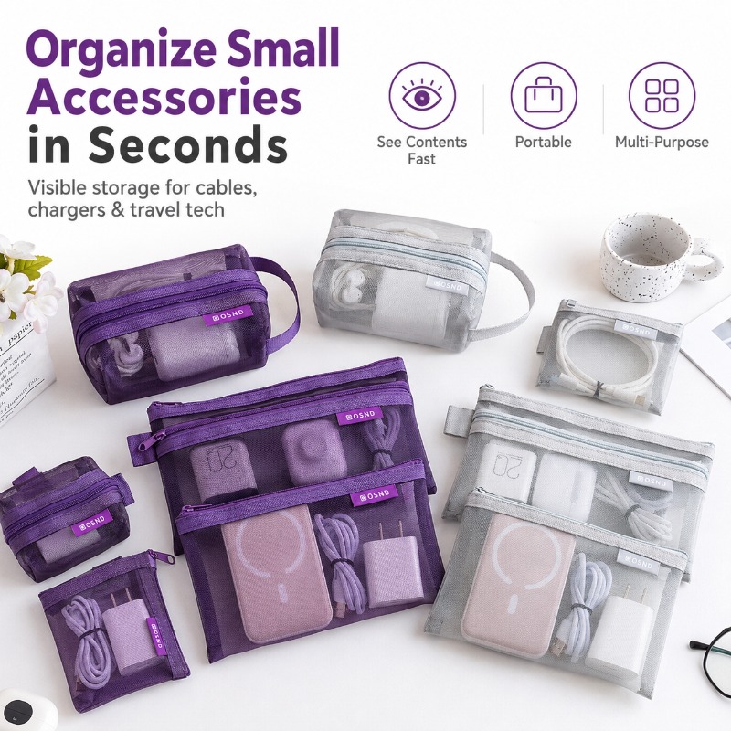 Tech Accessories Travel Organizer Pouch - 6-teiliges Set Tragbare Netz-Tech-Zubehörtaschen, Transparente Kabelorganizer-Tasche
